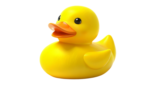 A bright yellow rubber duck bath toy isolated on a white background