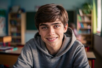 Fototapeta premium The image shows a young male student in a classroom. He is smiling at the camera.