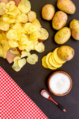 Cooking homemade potato chips - oven backed raw potatoes with salt