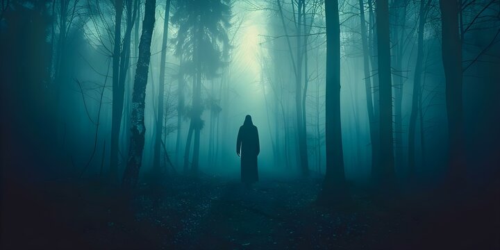 Eerie ghostly figure in misty forest at dusk digital art concept. Concept Ghosts, Forest, Digital Art, Eerie, Dusk