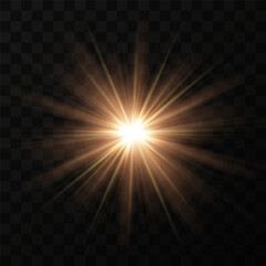 Shining golden star. Light Effect Bright Star, Christmas Star. Gold glowing light explodes. Vector transparent sunlight with special lens flare effect. Flash light effect with special lens. 