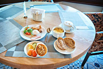 Selective focus of delicious breakfast on table. Self-service restaurant.