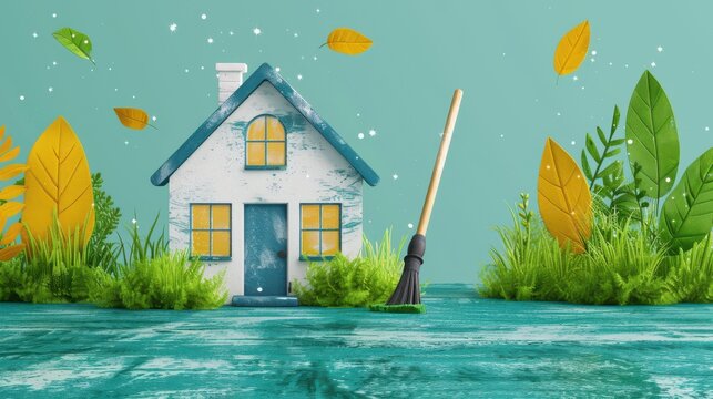 A house surrounded by colorful leaves and a broom on a bright teal background. The playful, cartoonish design emphasizes themes of cleaning and home maintenance with hints of nature and eco-friendline
