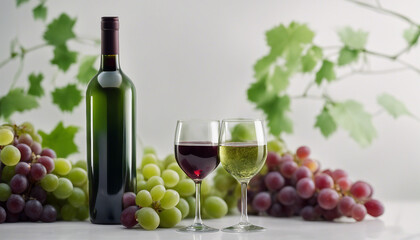 Elegant glass of deep red wine and sleek green glass wine bottle filled with lush grapes, ad shot.