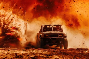 offroad vehicle racing through dusty terrain blazing wildfire in background dynamic motion blur intense orange and red hues