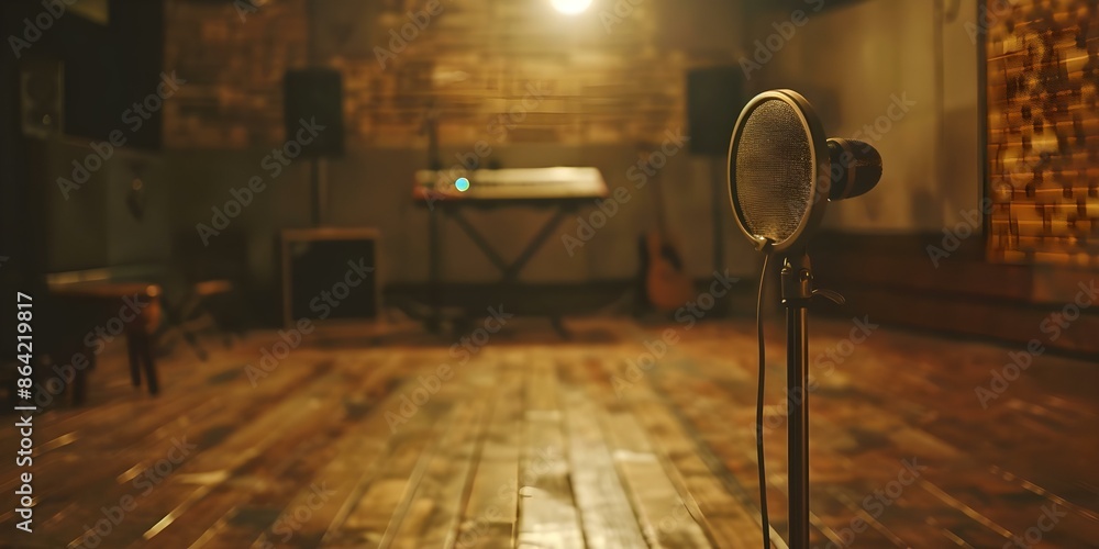 Poster empty recording studio with studio microphone and pop shield copy space available. concept recording