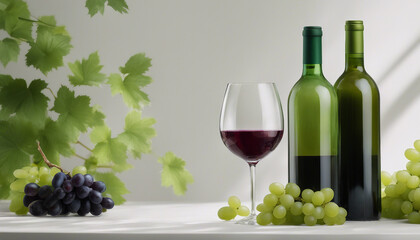 Elegant glass of deep red wine and sleek green glass wine bottle filled with lush grapes, ad shot.