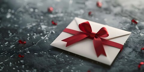 3D rendering of white gift card with red ribbon and envelope. Concept Gift Card Design, 3D Rendering, Red Ribbon, Envelope Illustration