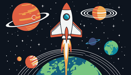Fototapeta premium Cosmic Journey: Spaceship in Orbit Around Planet in Modern Flat Style Illustration