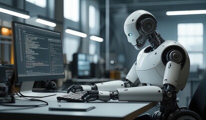 robots work in front of a laptop or computer. robots replace regular employees. Robot intelligence replaces human work. worker robots of the future. robot android