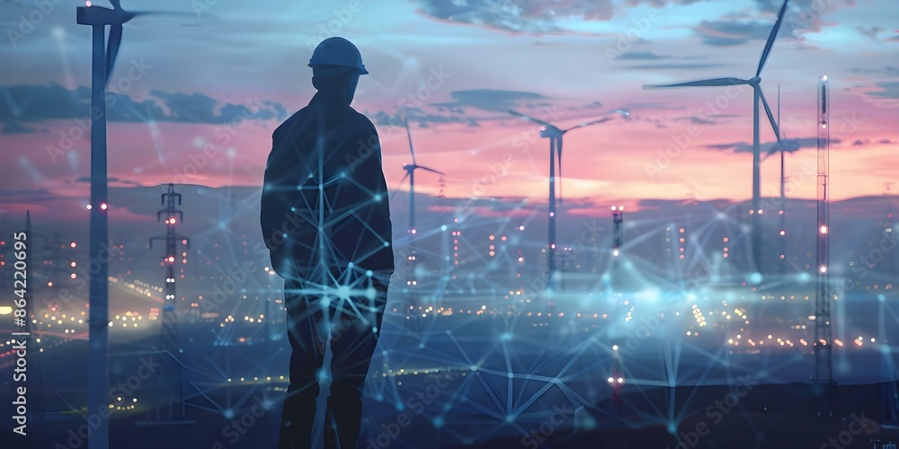 Poster engineer uses ai to assess wind turbine efficiency via hologram hud. concept engineering, ai technol