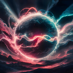 Abstract neon energy sphere of particles and waves of magical glowing on a dark background, 3d render
