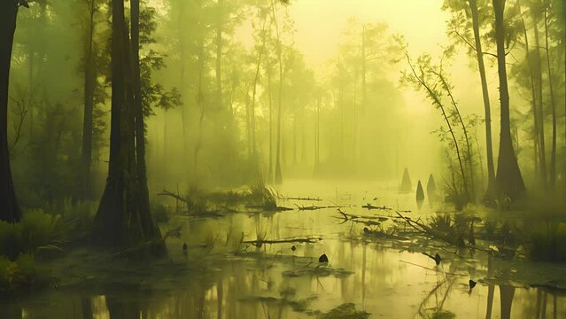 It was as if the swamp had been enchanted as the soft yellow light of the mist turned the ordinary plants and trees into soing magical.