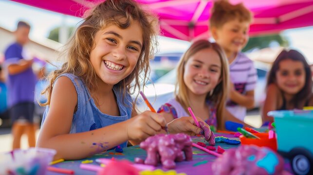 
Happy children enjoying arts and crafts under a colorful tent at an outdoor summer event, smiling and painting clay figures, sunny day