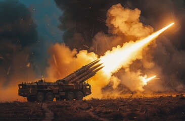 Obraz premium Military Missile Launch System Firing Missiles at Night