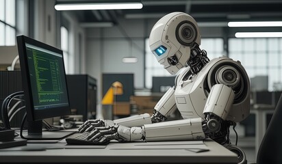 robots work in front of a laptop or computer. robots replace regular employees. Robot intelligence replaces human work. worker robots of the future. robot with laptop
