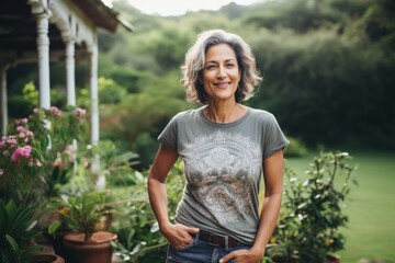 Portrait of a content indian woman in her 50s sporting a vintage band t-shirt while standing against lush green garden