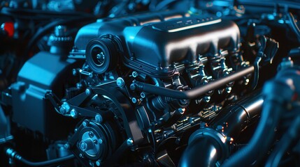 Obraz premium Close-up of a high-performance car engine, showcasing mechanical detail and engineering excellence under dramatic lighting.