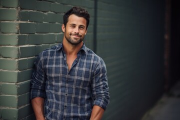 Obraz premium Portrait of a glad man in his 30s wearing a comfy flannel shirt isolated on vintage brick wall