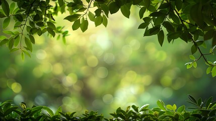 Obraz premium Green Nature Background, A lush, vibrant scene of green foliage and white flowers illuminated by warm sunlight. Perfect for themes related to nature, freshness, and environmental beauty