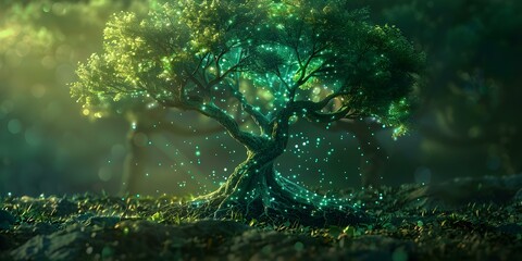 Green glowing tree symbolizes ancestral roots representing the interconnectedness of family history. Concept Family history, Ancestral roots, Green glowing tree, Interconnectedness, Symbolism