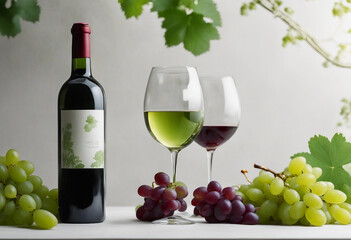 Fototapeta premium Elegant glass of deep red wine and sleek green glass wine bottle filled with lush grapes, premium ad 