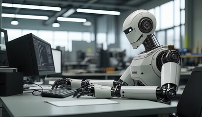 robots work in front of a laptop or computer. robots replace regular employees. Robot intelligence replaces human work. worker robots of the future. robot with laptop