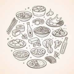 Hand-drawn typical Chinese food dishes and the most used ingredients in Chinese cuisine. Isolated items. Vector illustration.