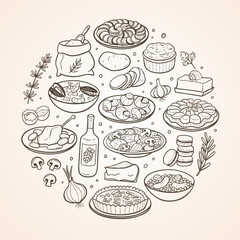 Hand-drawn typical French food dishes and the most used ingredients in French cuisine. Isolated items. Vector illustration.