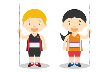 Sports vector illustrations: Javelin Throw male and female cartoon characters