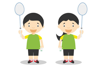 Sports vector illustrations: Badminton male and female cartoon characters