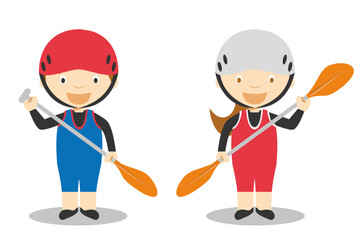 Sports vector illustrations: Canoe Slalom male and female cartoon characters