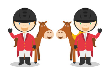 Sports vector illustrations: Equestrian Jumping male and female cartoon characters