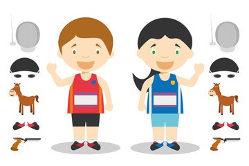 Fototapeta premium Sports vector illustrations: Modern Pentathlon male and female cartoon characters