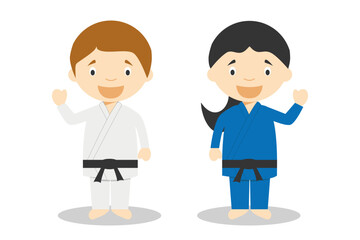 Sports vector illustrations: Judo or Karate male and female cartoon characters
