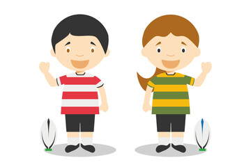 Sports vector illustrations: Rugby male and female cartoon characters