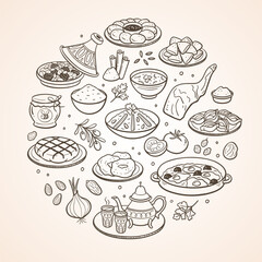 Hand-drawn typical food dishes in Morocco and the most used ingredients in Moroccan cuisine. Isolated items. Vector illustration.