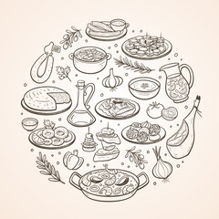 Hand-drawn typical Spanish food dishes and the most used ingredients in spanish cuisine. Isolated items. Vector illustration.