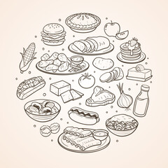 Hand-drawn typical North American food dishes and the most used ingredients in USA cuisine. Isolated items. Vector illustration.