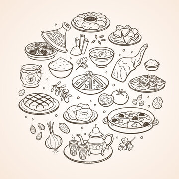 Hand-drawn typical food dishes in Morocco and the most used ingredients in Moroccan cuisine. Isolated items. Vector illustration.