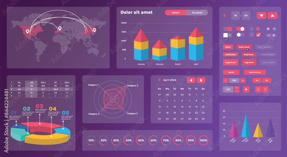 Fototapete A modern set of UI elements that includes various graphic components for creating interfaces. Creation of business applications or websites focused on collecting and processing information.
