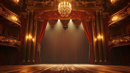 Elegant Classical Theater Stage Bathed in Dramatic Spotlight, Embodying Cinematic Grandeur and Architectural Beauty, High-Resolution Depiction of Volumetric Lighting
