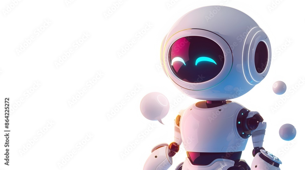 Poster cute futuristic robot character with colorful facial expression on minimal white background