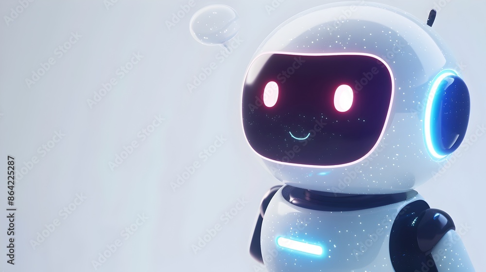 Poster friendly artificial intelligence robot with glowing eyes and smiling face