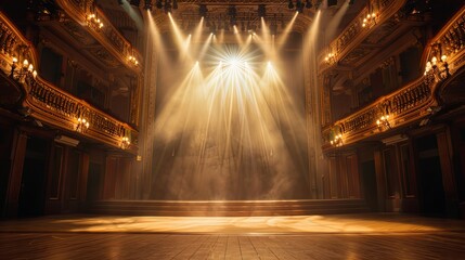 Elegant Classical Theater Stage Bathed in Dramatic Spotlight, Embodying Cinematic Grandeur and Architectural Beauty, High-Resolution Depiction of Volumetric Lighting