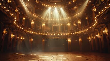 Obraz premium Elegant Classical Theater Stage Bathed in Dramatic Spotlight, Embodying Cinematic Grandeur and Architectural Beauty, High-Resolution Depiction of Volumetric Lighting