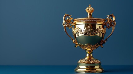A gold trophy on a royal blue background
