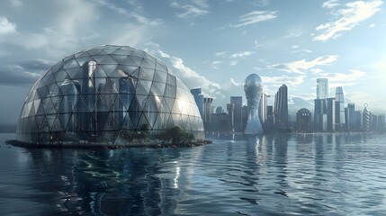Obraz premium Futuristic underwater city with glass domed architecture and skyscrapers reflecting in the calm sea