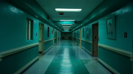 Obraz premium Eerie Abandoned Asylum Corridors with Ghostly Figures at Night