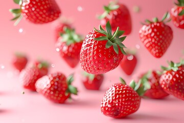 hyperrealistic Juicy strawberries flying on a minimalistic soft pastel pink background